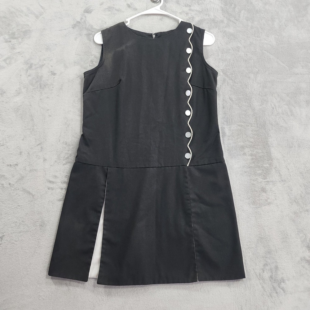 Vintage 60s Dress Womens M Black White Button Trim Sleeveless Shift Mini Mod